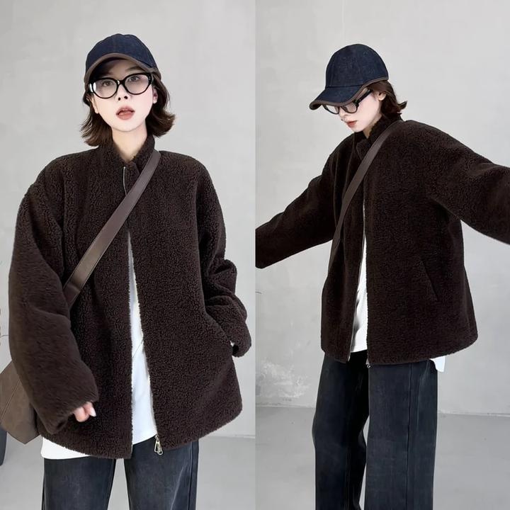 月月 秋冬新款小众设计极简显瘦百搭立领毛绒外套 2510C6730