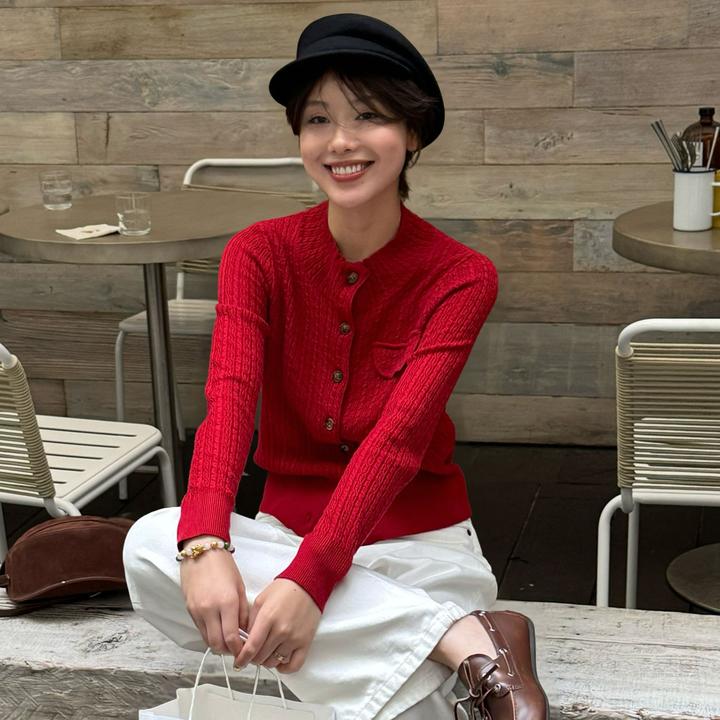 「口红开衫」12针羊毛300G复古撞色纽扣长袖针织衫AS031Z