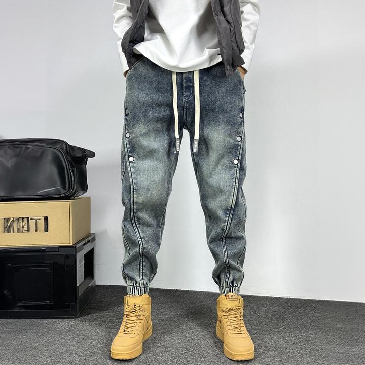 PinkAvril复古水洗牛仔裤男士秋冬宽松束脚哈伦裤痞帅排扣休闲裤