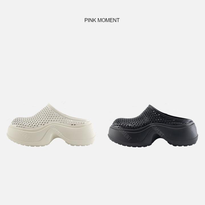 PM王囡囡 黑/米白色镂空厚底半拖鞋（跟高：8cm） ND1B0836
