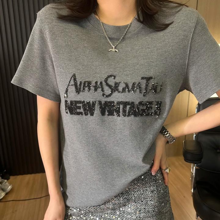 韩版宽松短袖T恤潮女珠片重工字母女2025夏季新款圆领减龄上衣