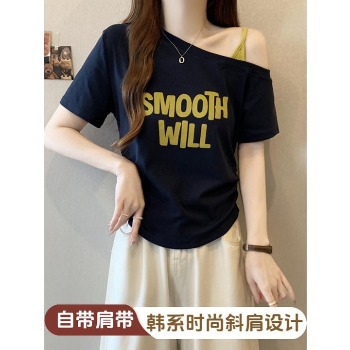 韩系字母印花藏青色斜肩短袖t恤女夏季不规则斜肩露半边肩上衣