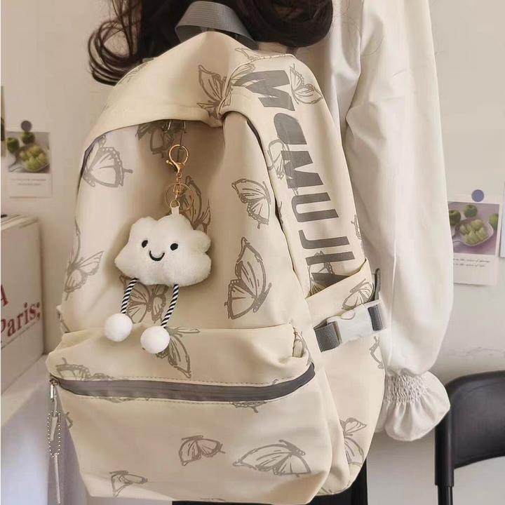 双肩包女百搭大学生上课书包蝴蝶休闲背包电脑小众设计字母中学生