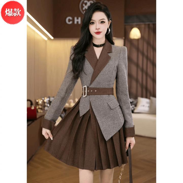 欧洲站新款重工气质长袖拼接百褶A字裙2025秋季时尚小众收腰裙子