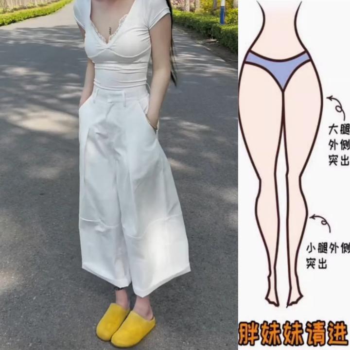 景倩妮白色简约舒适百搭休闲裤2025年夏季新款梨形高腰显瘦阔腿裤