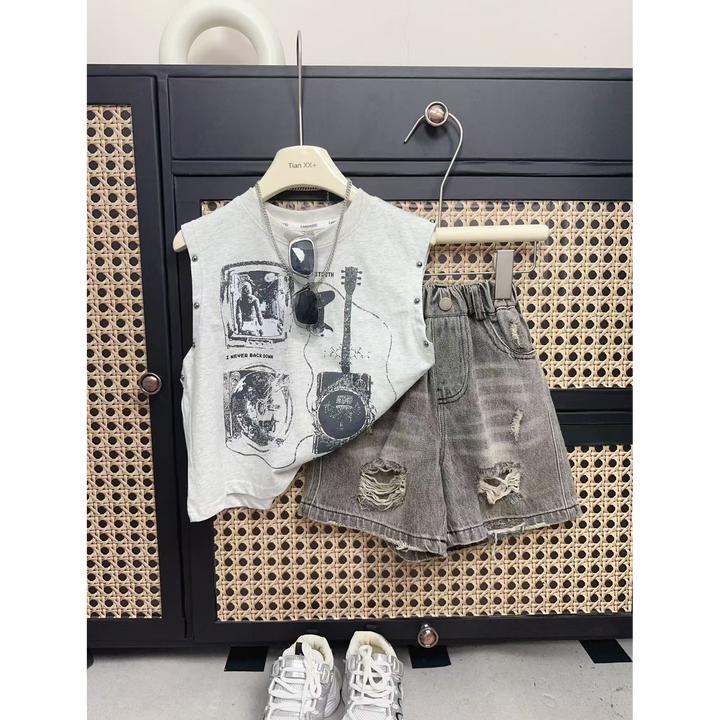 儿童夏季新款潮酷套装韩版时尚男童印花上衣美式两件套洋气潮