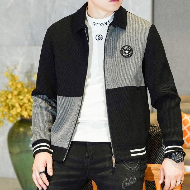 2025秋冬新款男士时尚撞色翻领针织夹克厚款个性徽章修身痞帅外套