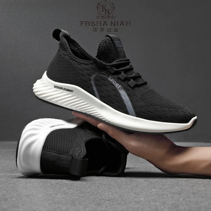 法莎尼亚休闲鞋男秋韩版网面鞋透气运动鞋增高黑色圆头男士飞织鞋