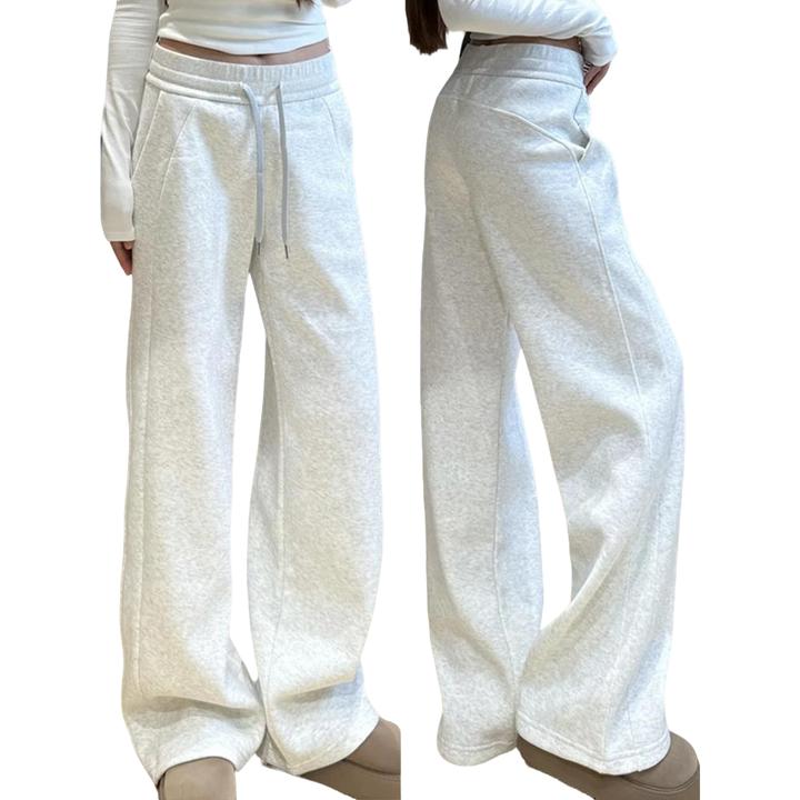 米白色裤子女款加绒加厚直筒运动卫裤秋冬大码胖mm宽松显瘦休闲裤