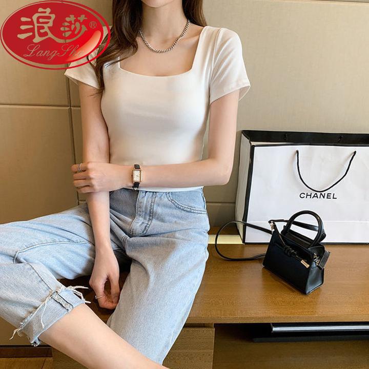 纯色黑色露脐方领T恤女2025夏新款修身显瘦短款短袖时尚正肩上衣t