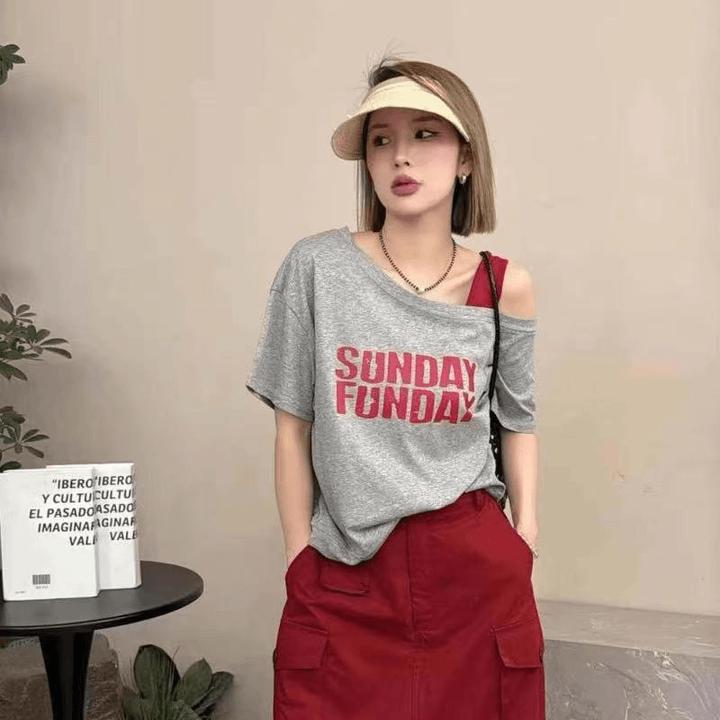 2025夏季斜肩吊带撞色字母休闲印花短袖T恤时尚宽松百搭#T0694