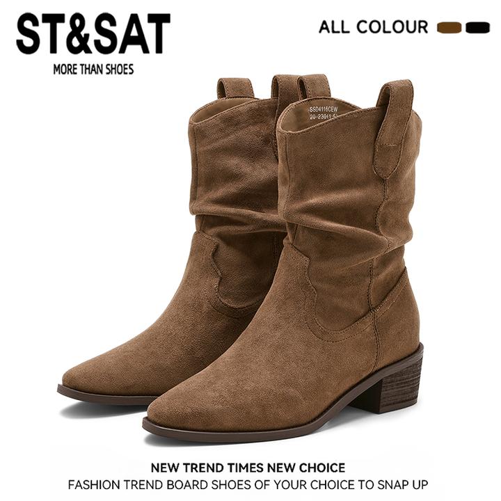 星期六明星同款粗跟复古v口西部靴女高跟短靴ins潮款百搭堆堆靴子