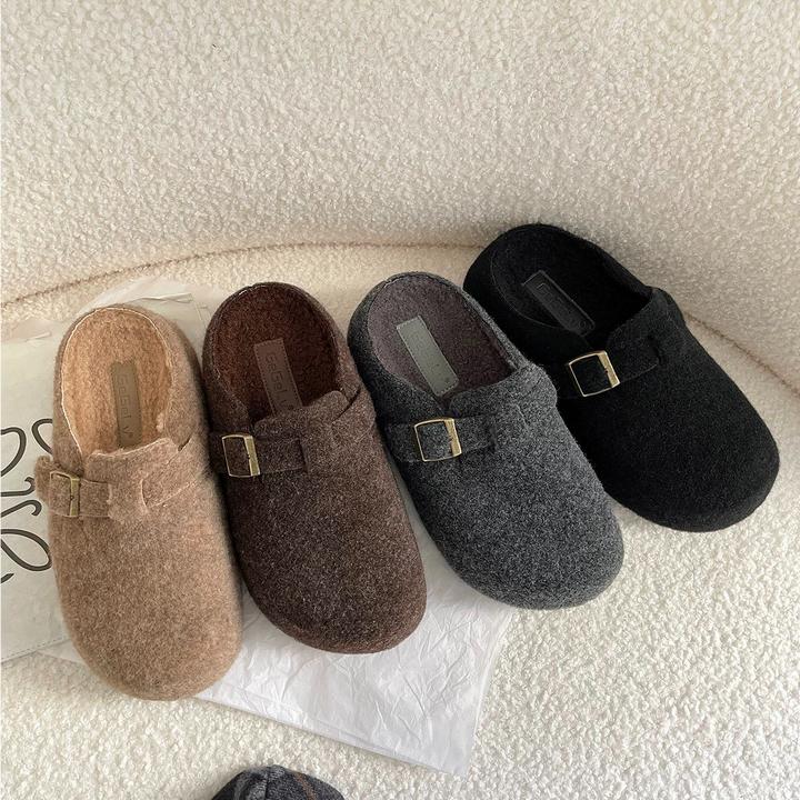 复古呢子百搭面包鞋女加绒保暖厚底包头勃肯半拖鞋女外穿毛毛拖鞋