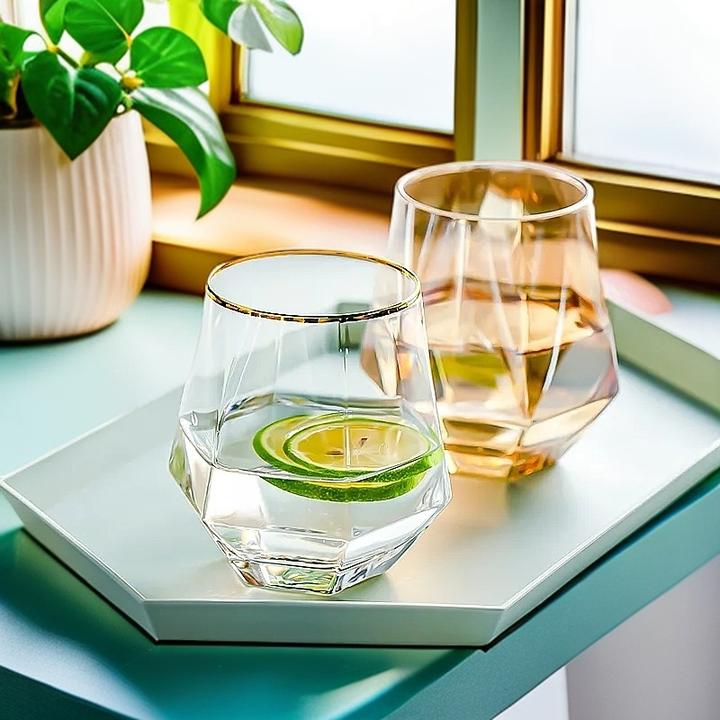 【2只】彩色玻璃水杯六棱杯耐热家用喝水杯茶杯金边钻石杯啤酒杯