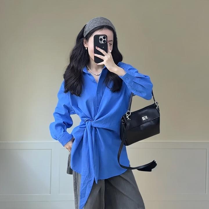 2025春季新款小衫超好看独特漂亮设计感小众减龄克莱因蓝系带衬衫