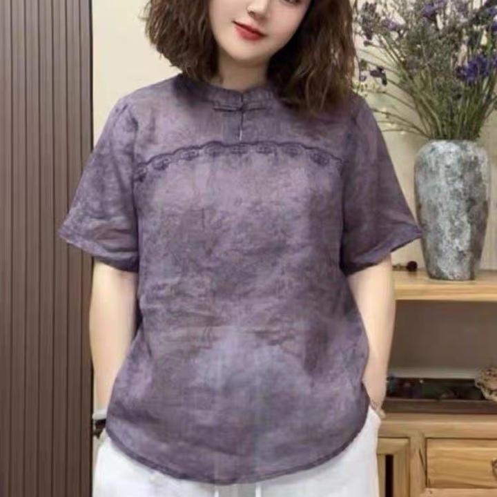 夏季新款时尚气质百搭洋气民族风宽松显瘦减龄复古圆领妈妈上衣W