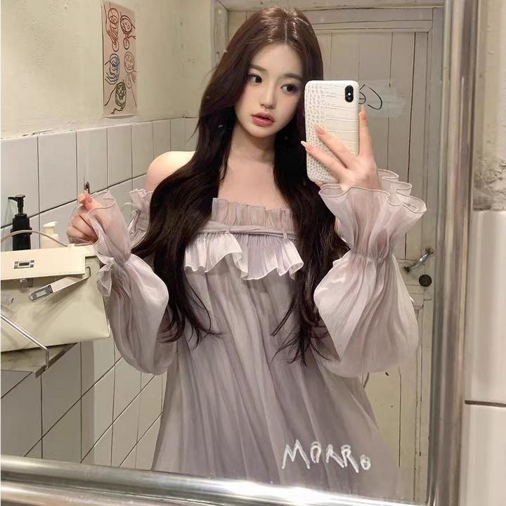 【烟雨雾紫】2025夏季新款甜美温柔气质一字肩长袖连衣裙显瘦短裙