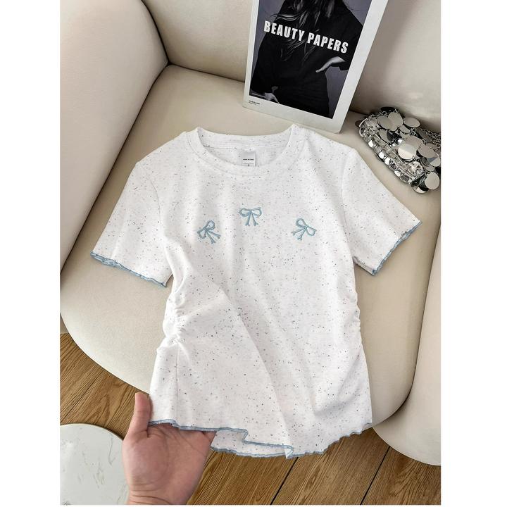 拒绝平庸感~蝴蝶结刺绣正肩短袖T恤女抽褶收腰显瘦上衣夏季打底衫