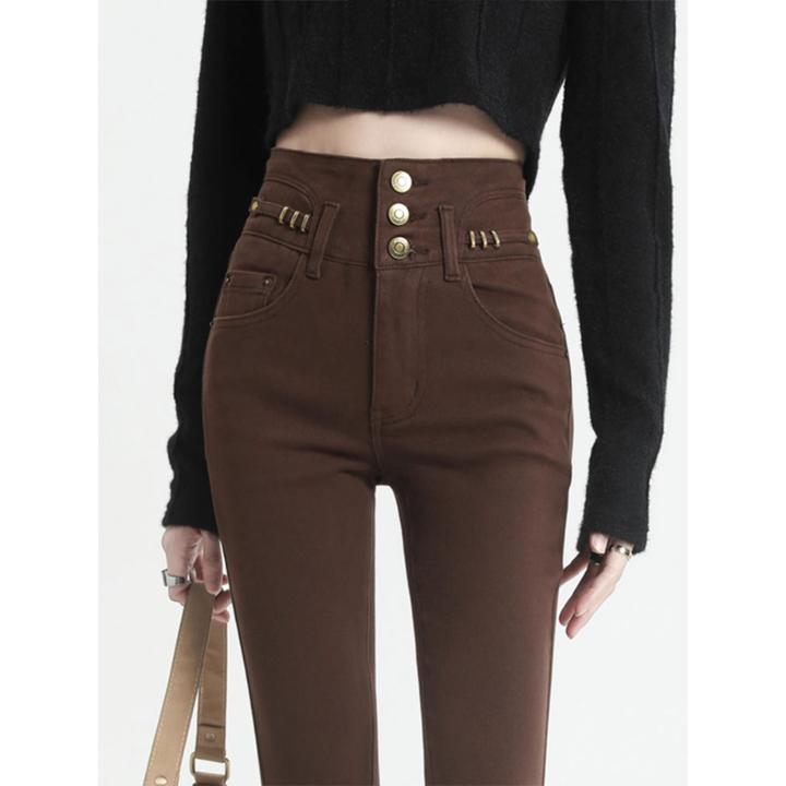 咖色高腰牛仔裤女秋冬美拉德穿搭紧身显瘦小脚铅笔裤加绒加厚靴裤