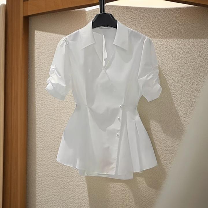 大码高级感v领泡泡短袖衬衫夏季新款微胖mm法式气质收腰裙摆上衣