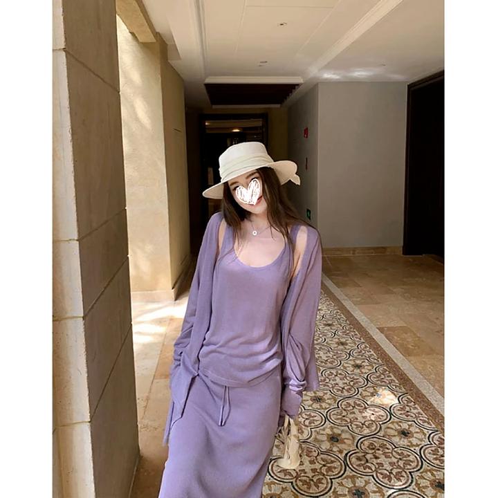 洋气衣服女夏季慵懒风长袖防晒针织开衫+吊带背心+半身裙三件套装