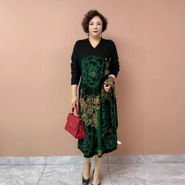 80115毛秋冬花色宽松气质针织妈妈大码新款优雅连衣裙套头衣裙