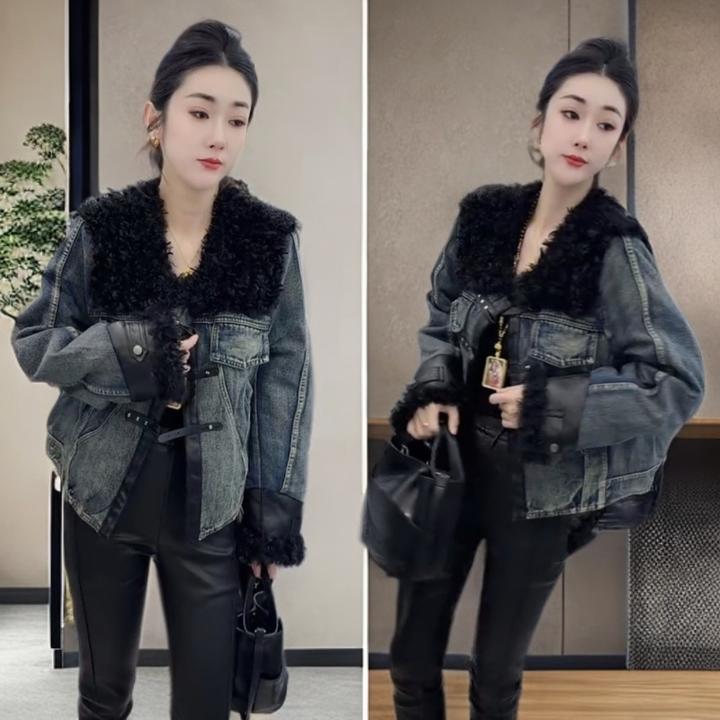 潮流洋气欧洲站2025年秋冬时尚新款牛仔拼接毛毛减龄长袖款外套女