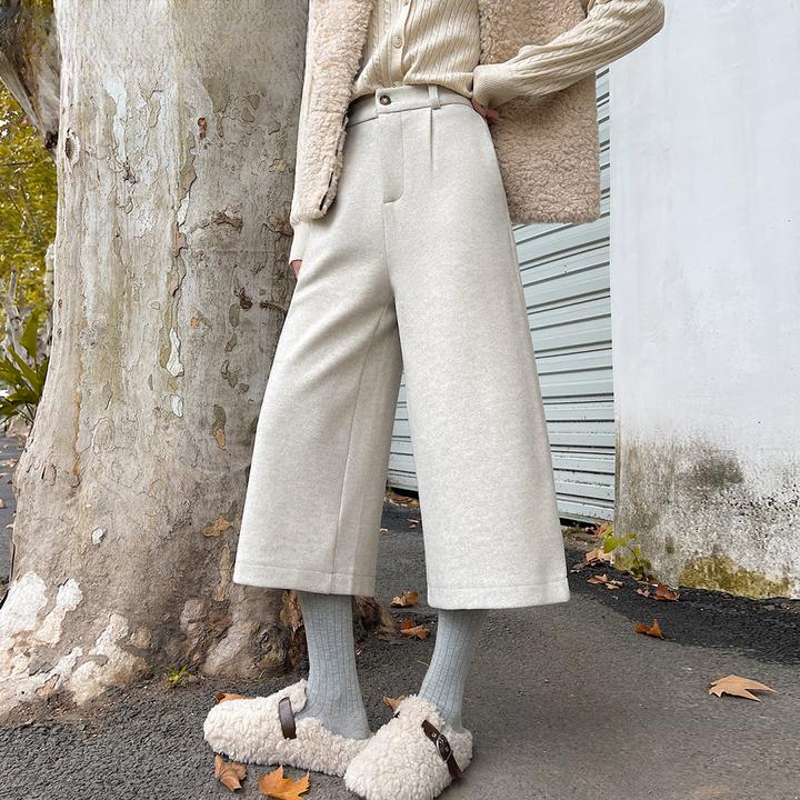 小个子加厚毛呢阔腿裤女2025秋冬七八分奶奶裤宽松休闲直筒裤