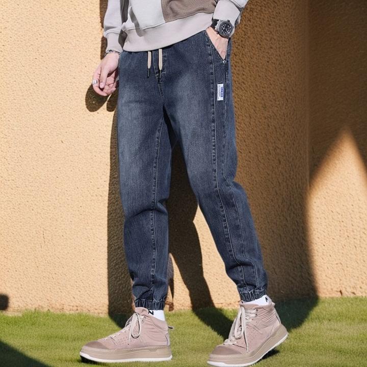 秋冬季厚款阔腿牛仔裤男宽松弹力束脚哈伦裤男潮流百搭休闲裤子男