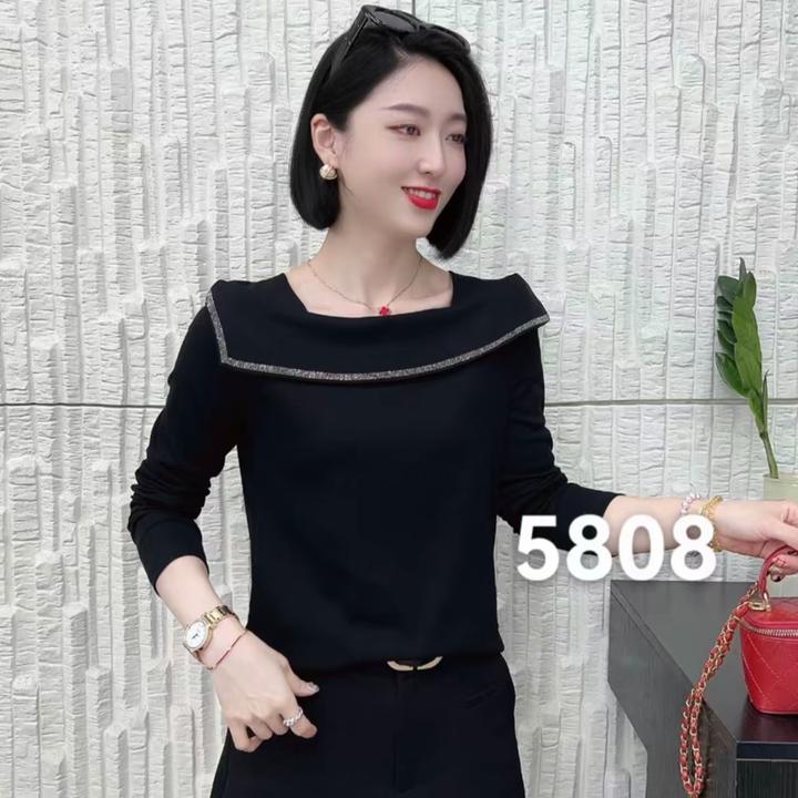 秋季新款时尚洋气设计感轻奢百搭气质显瘦网红烫钻女长袖上衣5808