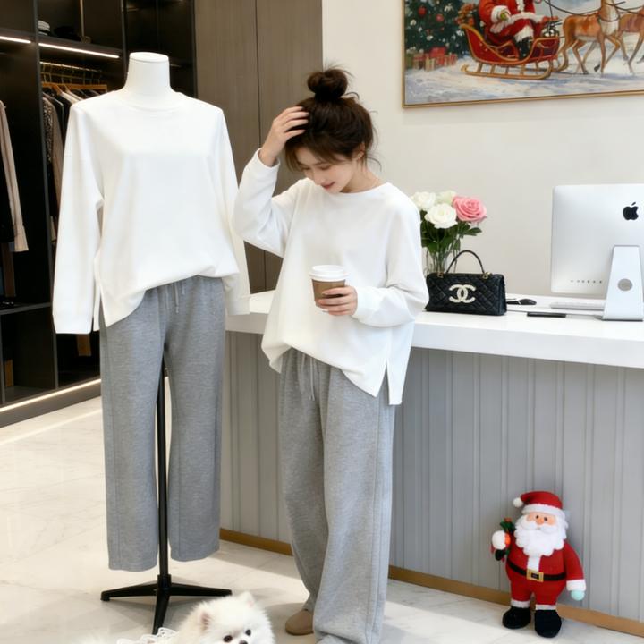 白色高级感打底衫女装内搭秋冬中长款磨毛卫衣遮臀宽松圆领女上衣