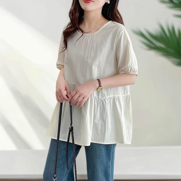 夏季设计感时尚短袖褶皱宽松夏季韩版雪纺衫夏季纯棉女白衣