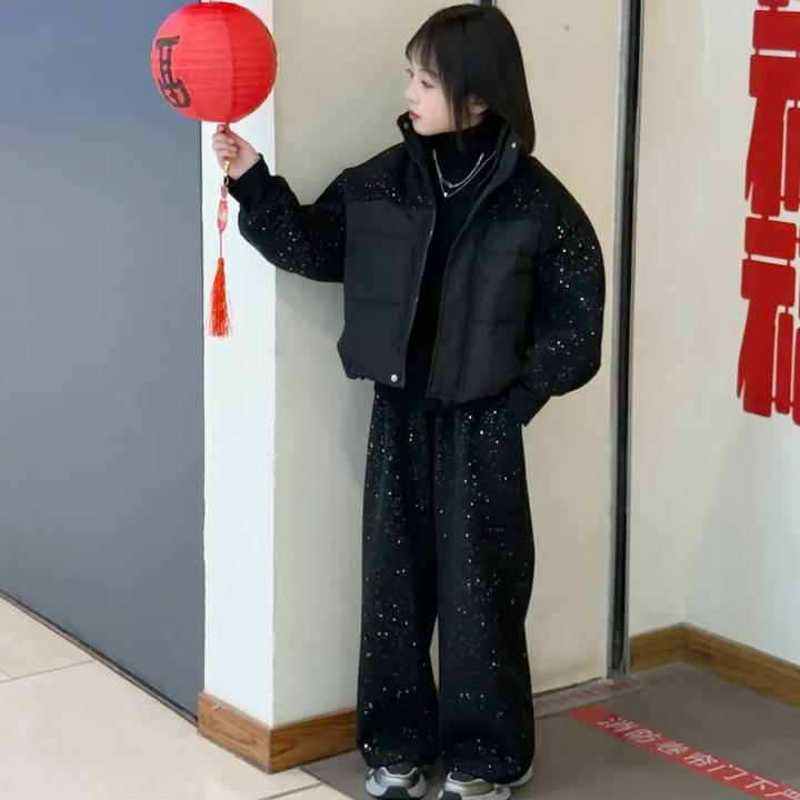 女童冬季棉服2024冬装满天星短款毛呢拼接棉衣休闲直筒裤两件套潮