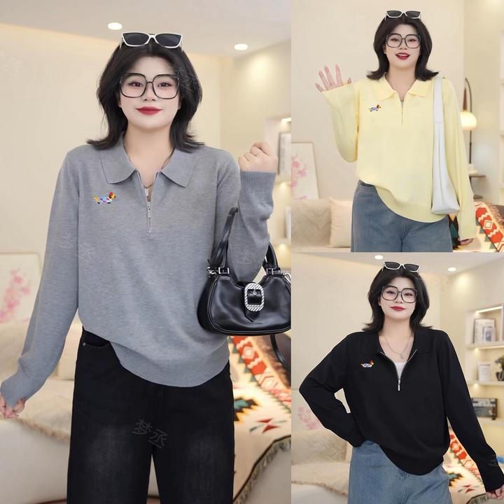梦丞【通勤萌伴】大码女装POLO领早秋宽松小狗刺绣洋气长袖针织衫