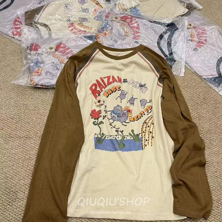 可爱减龄百搭时髦趣味印花拼接长袖春秋新款设计感小众显瘦上衣女