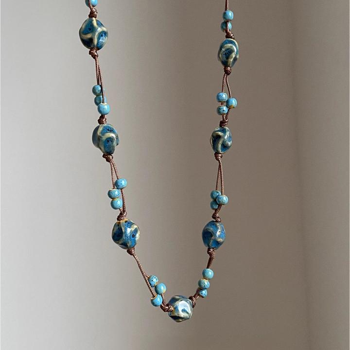 铜布艺项链  复古民族风国风蓝色串珠项链女新中式长款毛衣链颈链