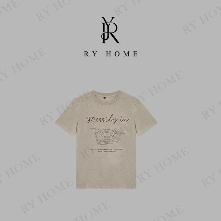 【容雨RYHOME】亚麻莱赛尔混纺圆领字母印花休闲百搭T恤252T2003