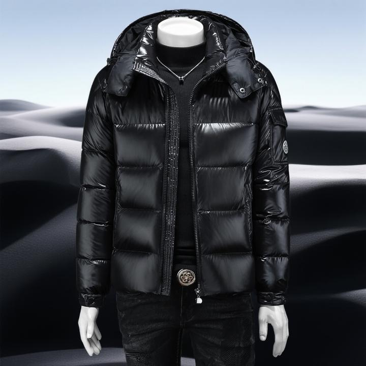 巴赛娜缇时尚亮面羽绒服男防风保暖冬装潮牌大码白鸭绒连帽外套潮
