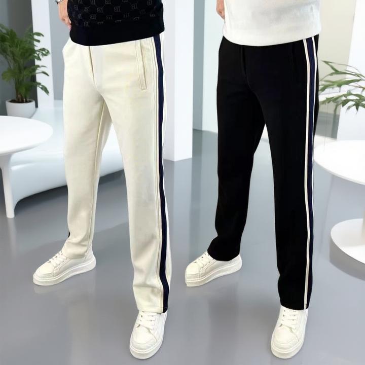 秋冬加绒长裤男士宽松阔腿裤百搭时尚织带条纹欧货舒适直筒休闲裤