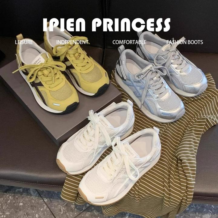 女款时尚百搭厚底增高老爹鞋2025夏季黄色网面德训鞋欧若风阿甘鞋