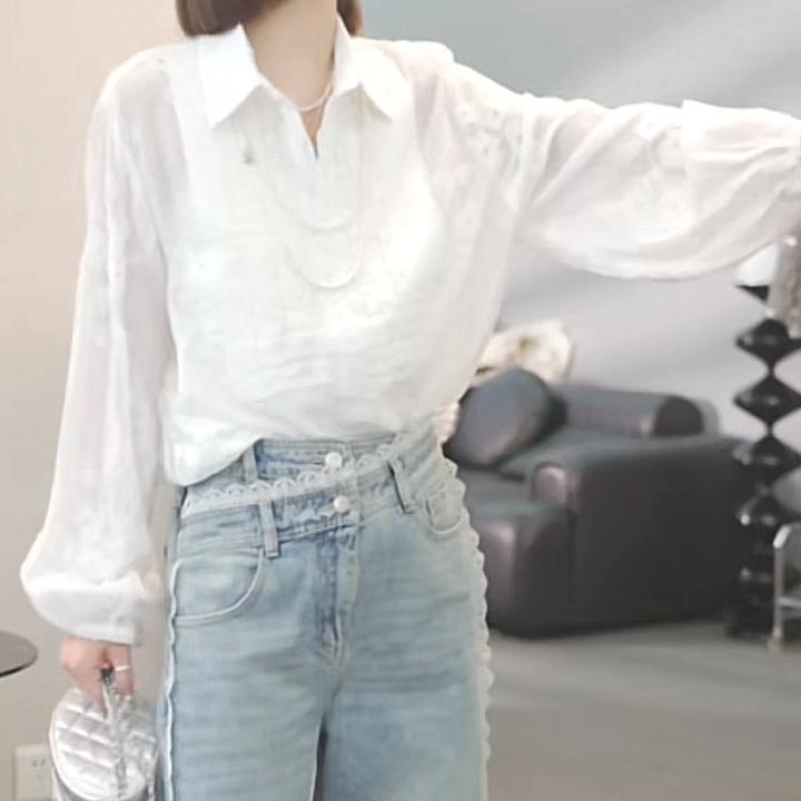 设计感蕾丝刺绣polo领衬衫女2025早春新款时尚休闲气质轻奢衬衣