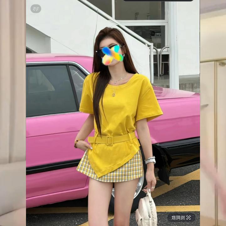 2025夏季新款露肩短袖宽松独特斜肩上衣+半裙两件套