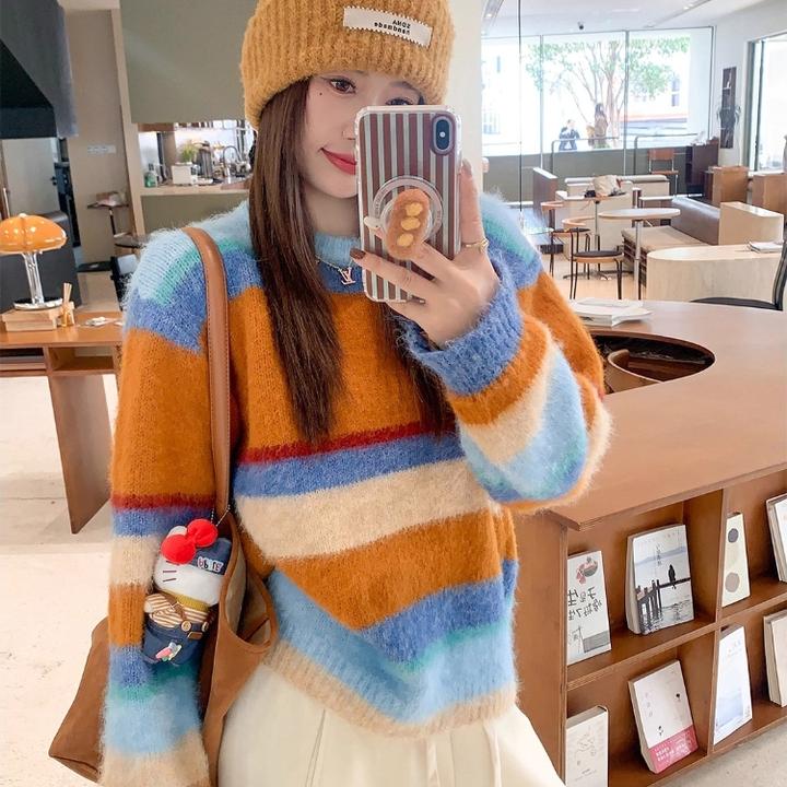 正品哥弟新款女装宽松薄款针织衫秋冬韩版慵懒风常规条纹时尚上衣