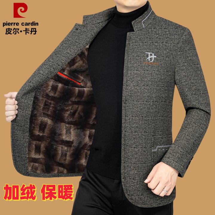 皮尔卡丹【专柜正品】冬季新款中年立领加绒加厚毛呢子夹克外套男士