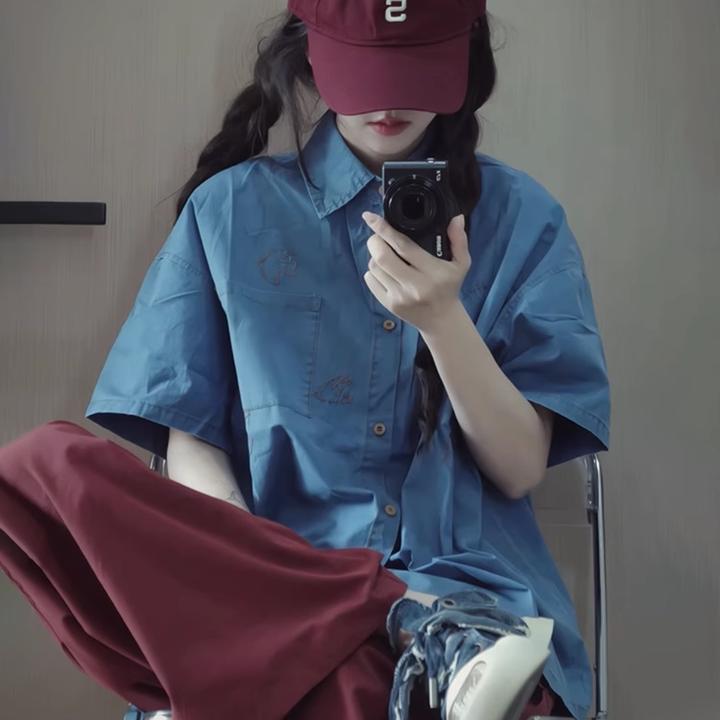 日系复古短袖衬衫女2025新款宽松百搭刺绣水洗做旧设计感衬衣上衣