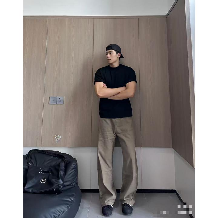 QUALCOMM美拉德潮流咖色宽松直筒牛仔裤男款秋冬纯棉窄版阔腿裤子