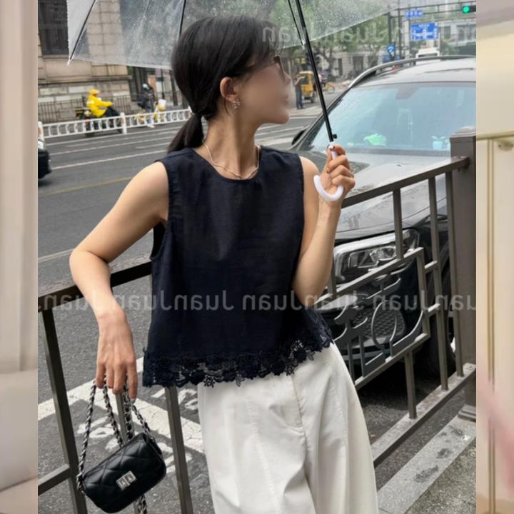 2025韩系苎麻无袖上衣百搭后绑带时尚夏季马甲背心女装黑色