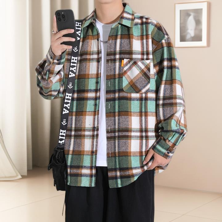 新款港风时尚阔版长袖衬衫男外套潮流舒适外搭衬衣翻领秋冬打底衫