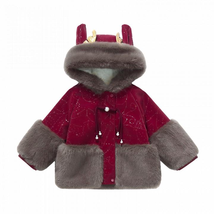 品质优选女童冬装加绒外套新款中大儿童连帽仿皮草加厚国风拜年服