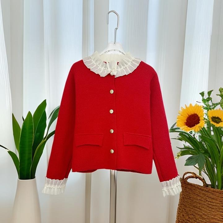 小个子穿搭小香风法式高级红色毛衣女外套蕾丝花边设计感显瘦秋冬